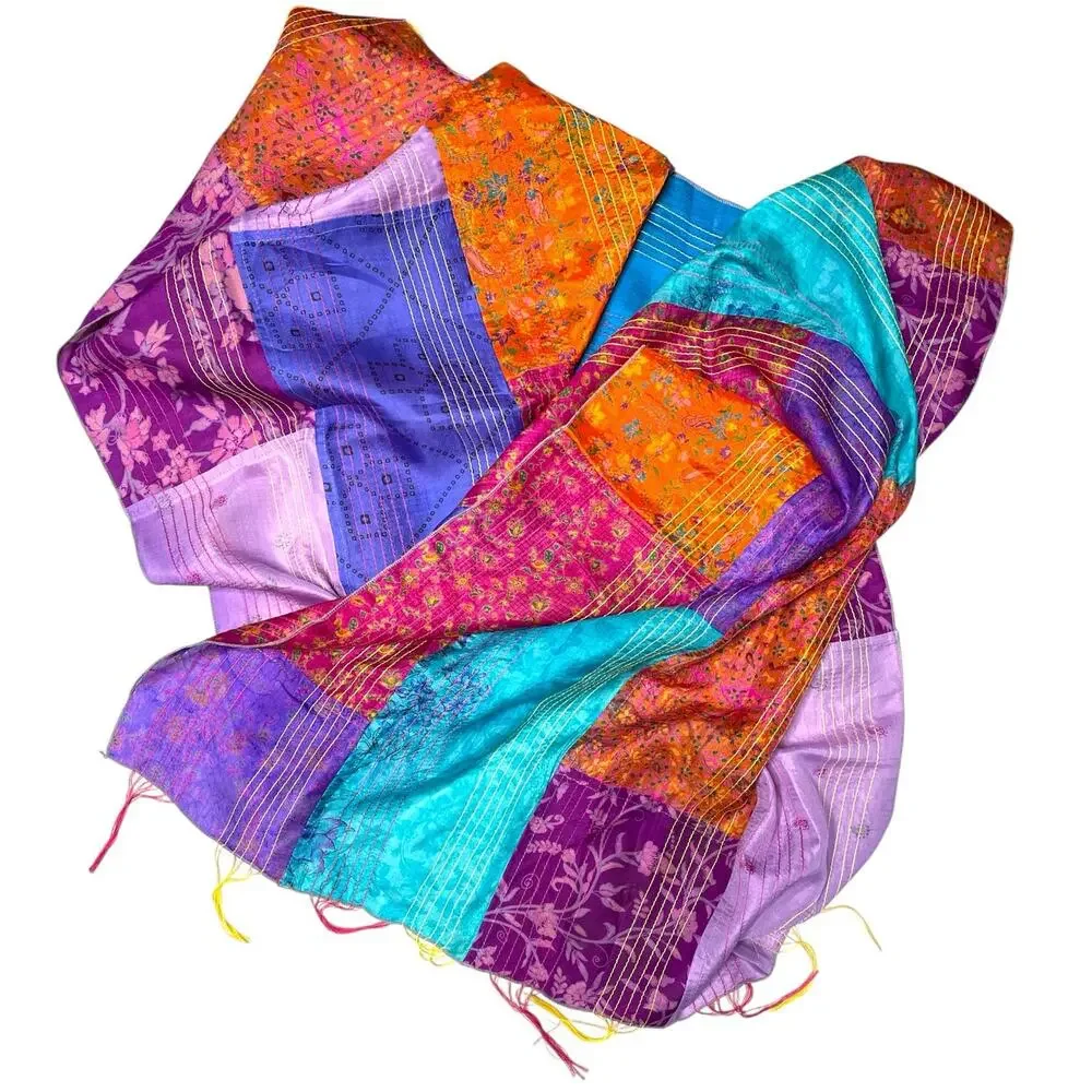 Green Sewn Patchwork Scarf Handmade from Vintage Silk Saris 70